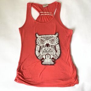 Free Kisses Tank Top Shirt Women Junior‎ Medium Pink Owl Lace Racerback Ruched